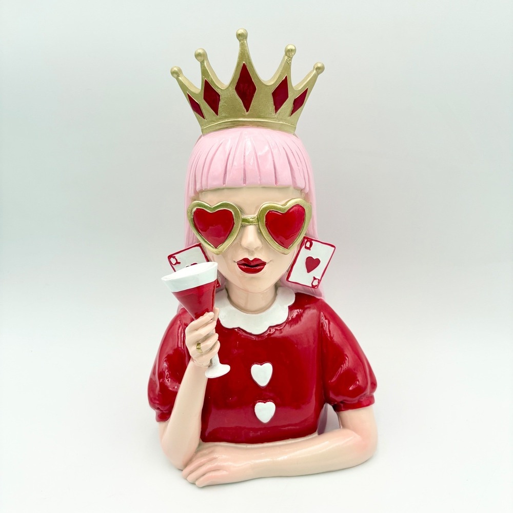 Queen of Hearts Figurine Pink Hair Crown Valentine‎ Heart Sunglass Cocktail Bust